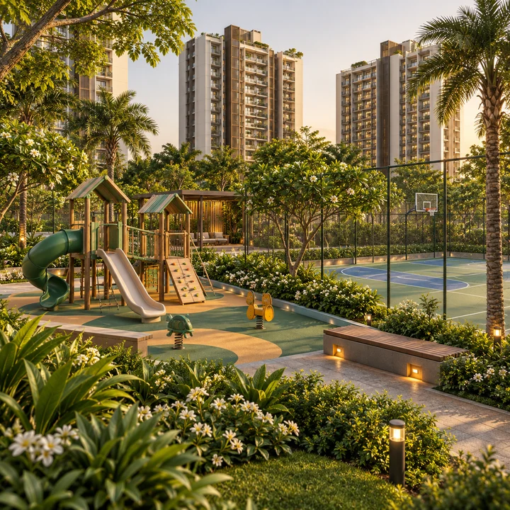 Prestige Falcon City Reserve children's play area and sports court, artist's impression