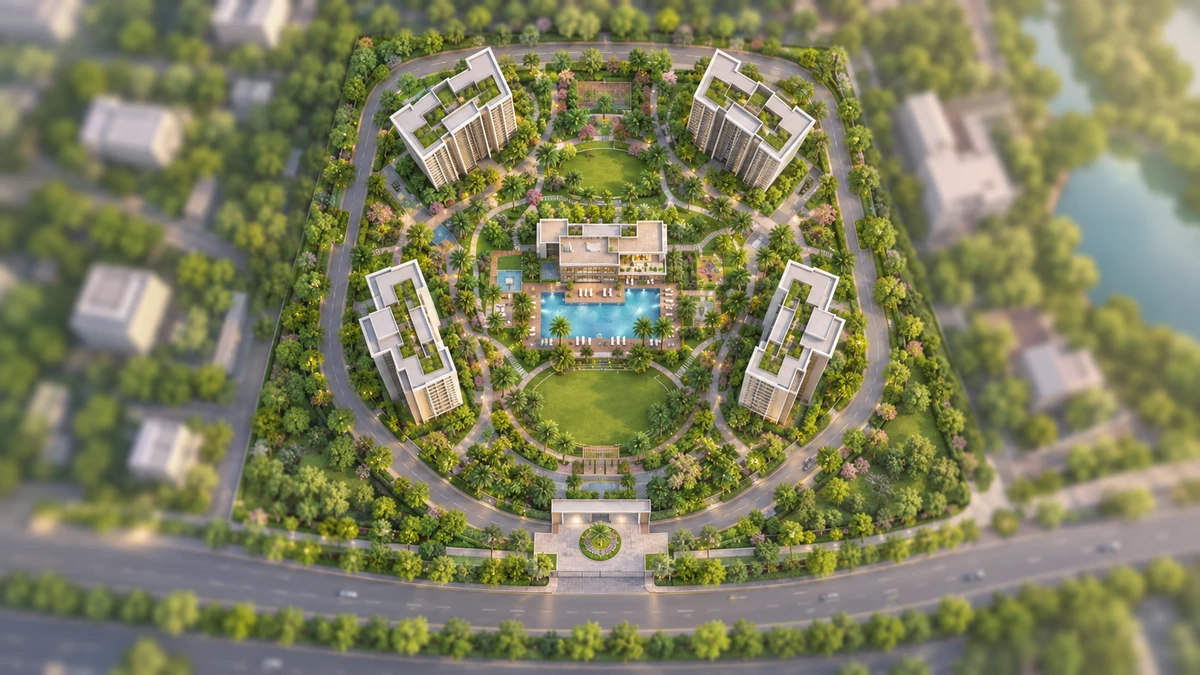 Prestige Falcon City Reserve illustrative site plan with towers around a central garden, clubhouse and pool Prestige Falcon City Reserve illustrative site plan with towers around a central garden, clubhouse and pool