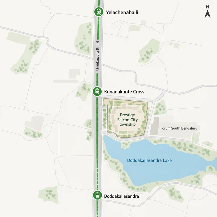 Prestige Falcon City Reserve location map of the Prestige Falcon City township on Kanakapura Road with Konanakunte Cross metro, Forum South Bengaluru and Doddakallasandra Lake Prestige Falcon City Reserve location map of the Prestige Falcon City township on Kanakapura Road with Konanakunte Cross metro, Forum South Bengaluru and Doddakallasandra Lake
